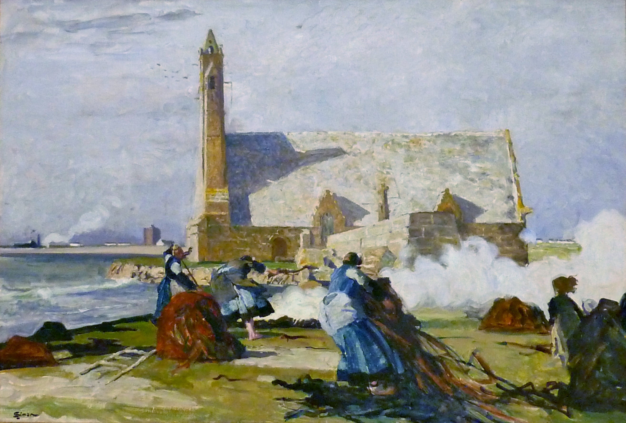 Le Brûlage du goémon devant la chapelle Notre-Dame-de-la-Joie à Penmarc'h - Lucien Simon image 1 reproduction artisanale de tableau
