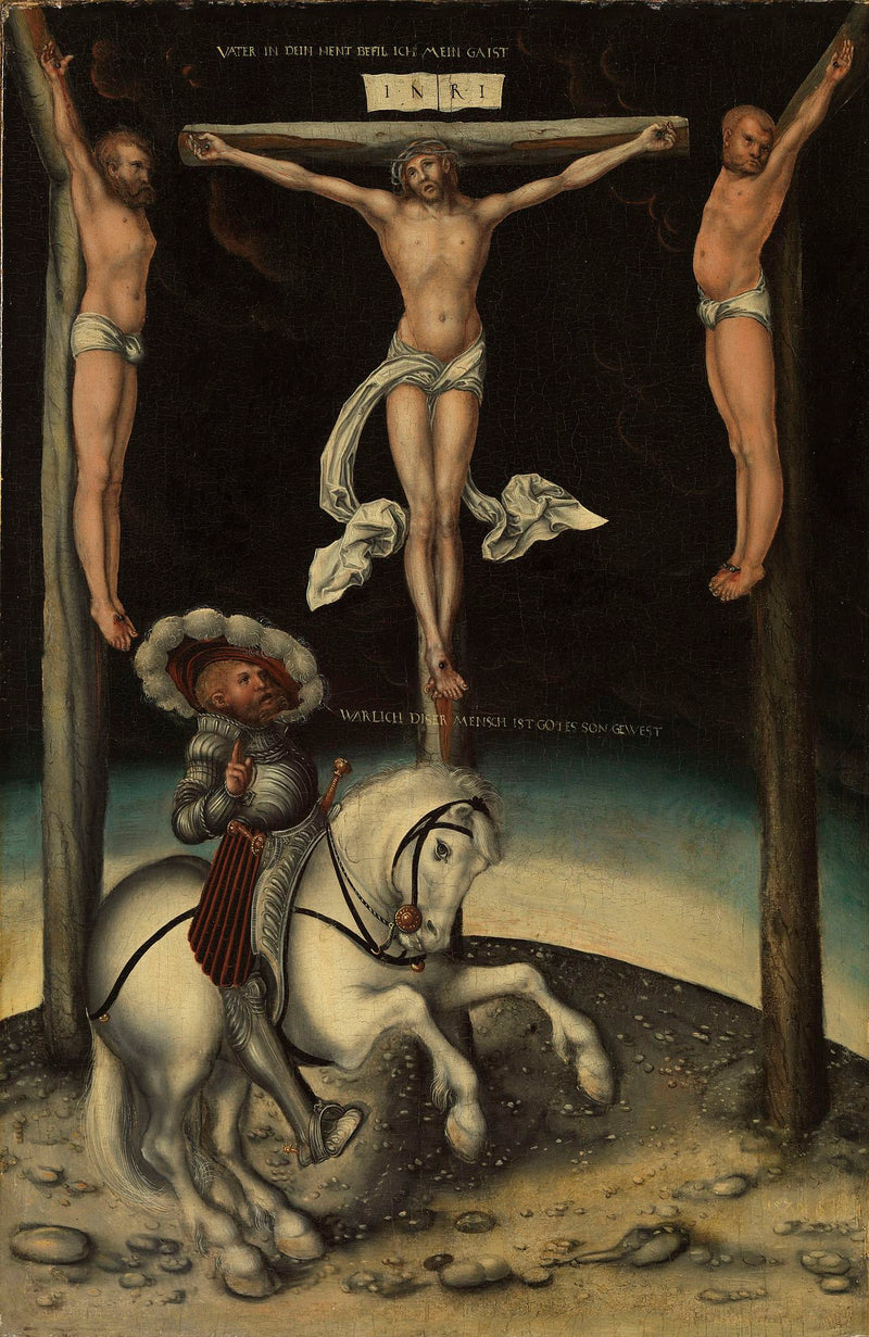 Den centurion Longin blandt Kristi kors og de to røvere - Lucas Cranach den Ældre