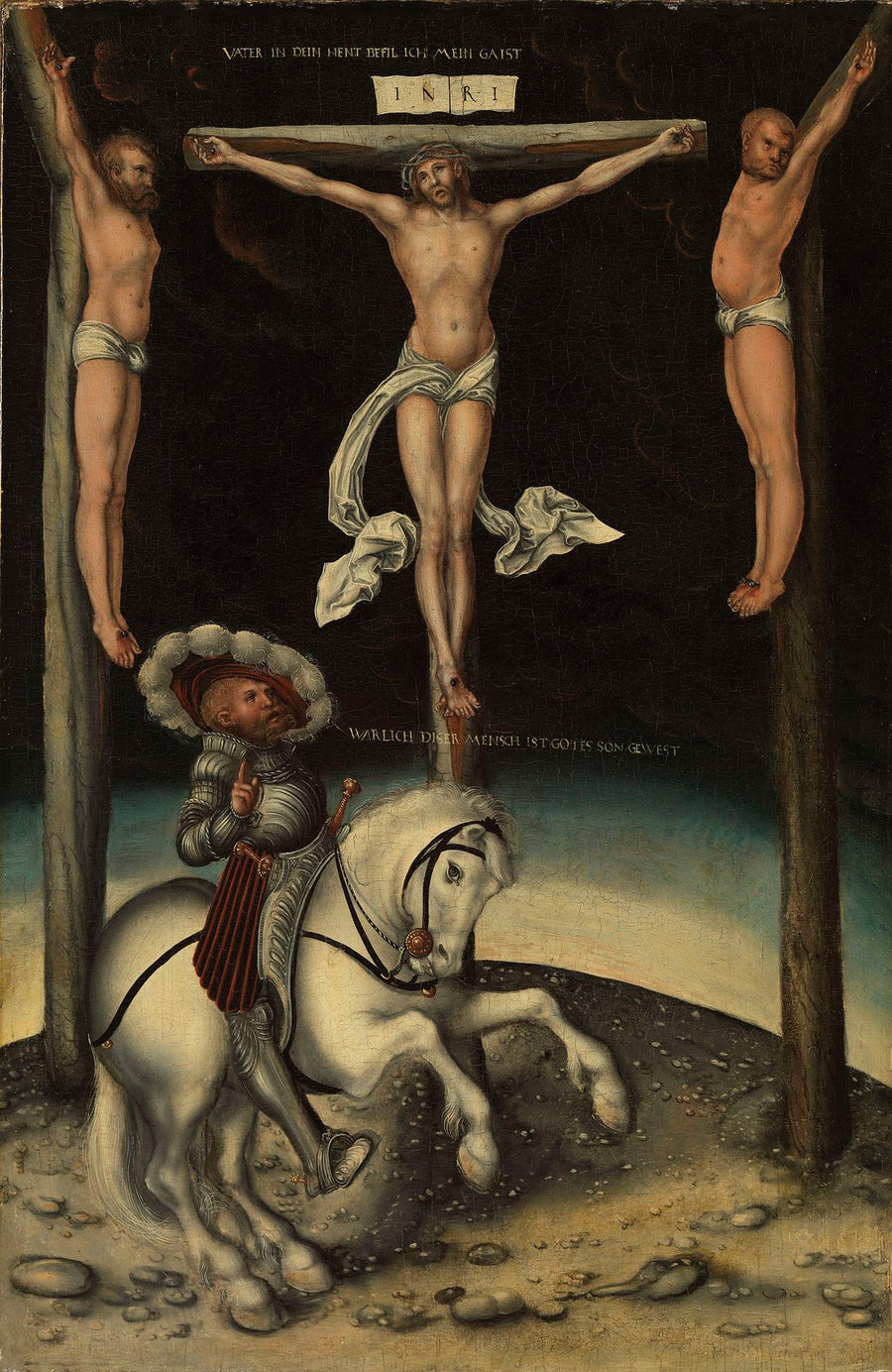 Den centurion Longin blandt Kristi kors og de to røvere - Lucas Cranach den Ældre