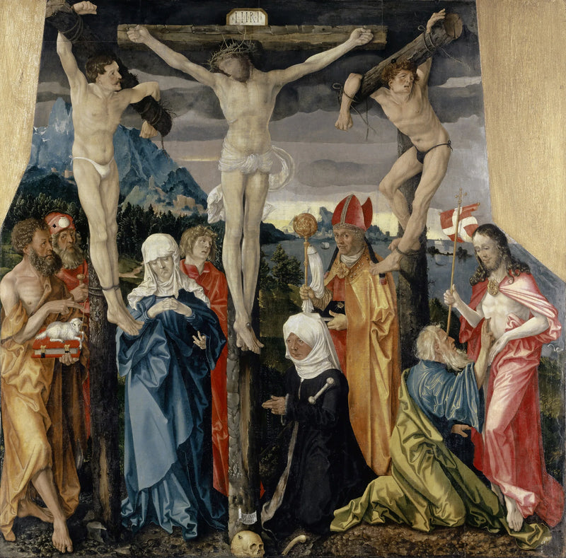Kristus på korset med de to skurk, helgener og en donator - Hans Baldung Grien