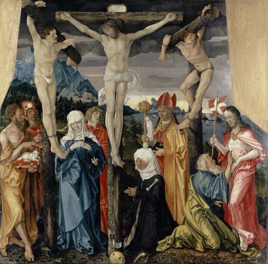 Kristus på korset med de to skurk, helgener og en donator - Hans Baldung Grien