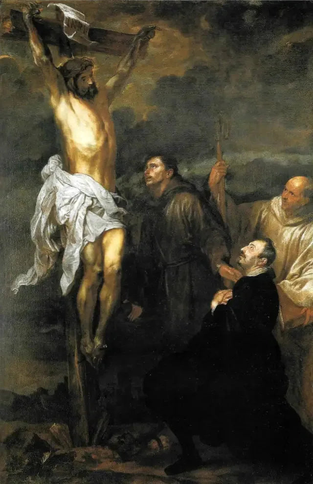 Kristus korsfæstet tilbedt af Francesco Orero, de hellige Frans og Bernard - Antoine van Dyck