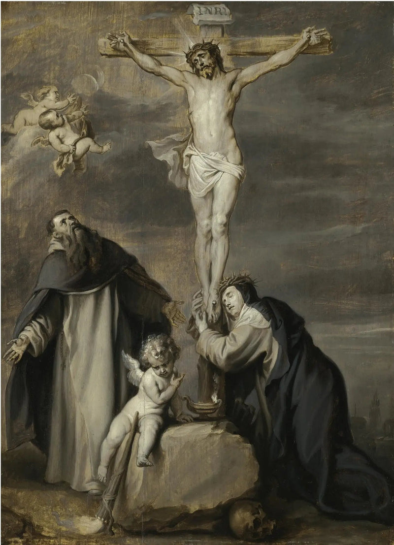 Den korsfæstede Kristus tilbedt af helgenerne Dominikus og Katarina af Siena - Antoine van Dyck