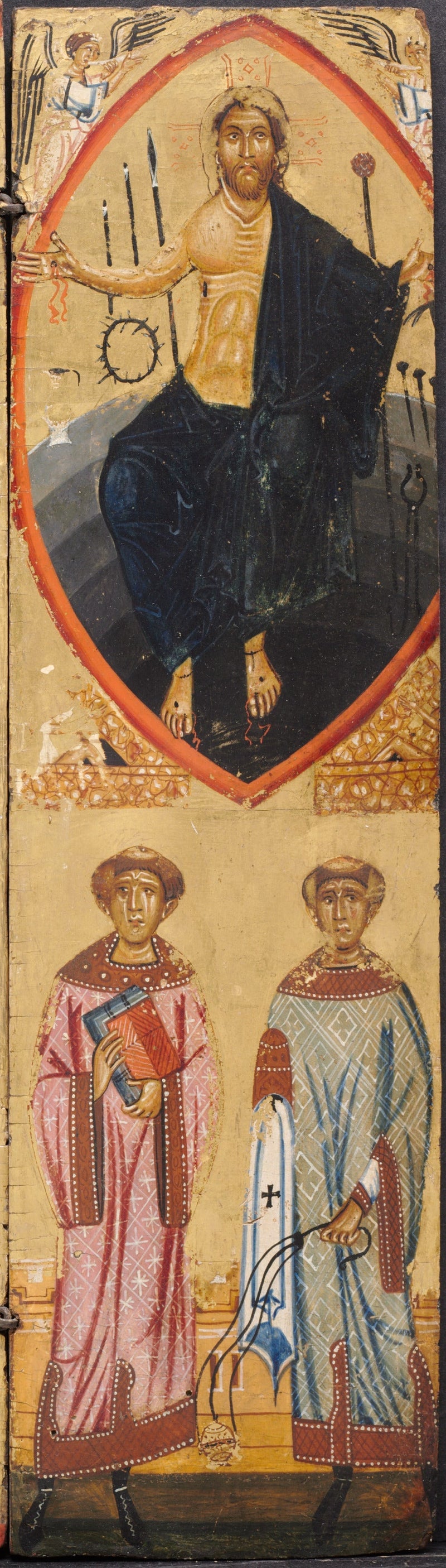 Kristus i en mandorla med lidelsesinstrumenterne, med Sankt Stefan og Sankt Laurent nedenfor - Berlinghiero Berlinghieri