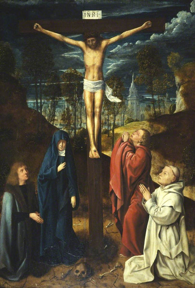 Kristus på korset mellem Jomfruen, Johannes Evangelist og to donorer - Quentin Metsys