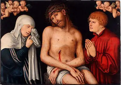 Kristus som Menneske af Smerte flankeret af Jomfruen og Sankt Johannes med engle - Lucas Cranach den Ældre