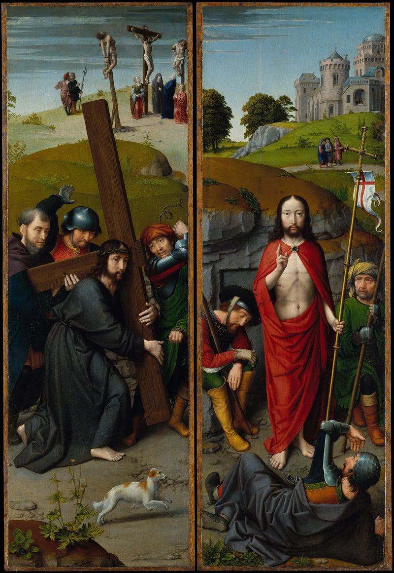 Kristus bærer korset, med korsfæstelsen; opstandelsen, med Emmaus-pilgrimme - Gérard David