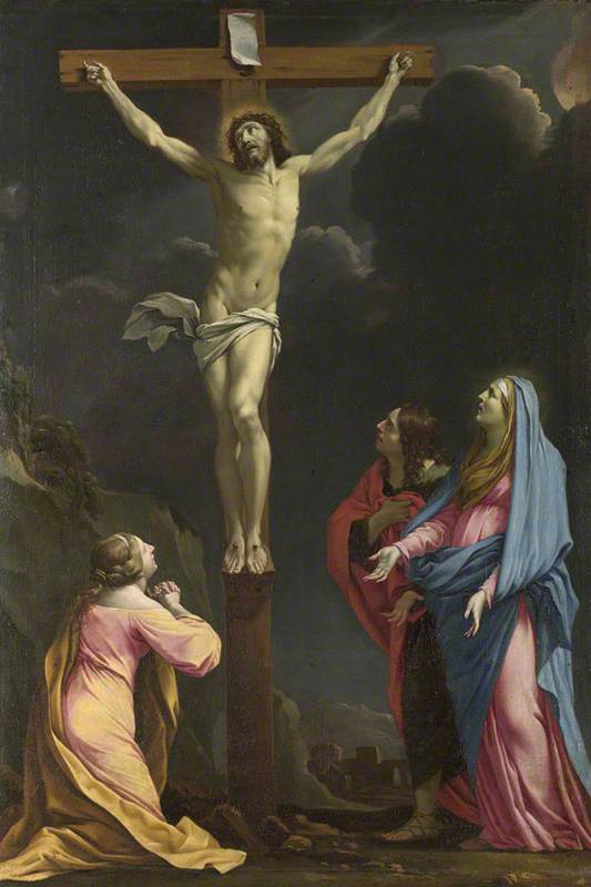 Kristus på korset omgivet af Jomfruen og helgenerne - Eustache Le Sueur