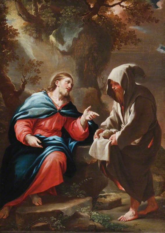 Den fristende djævel til at få Kristus til at forvandle sten til brød - Luca Giordano