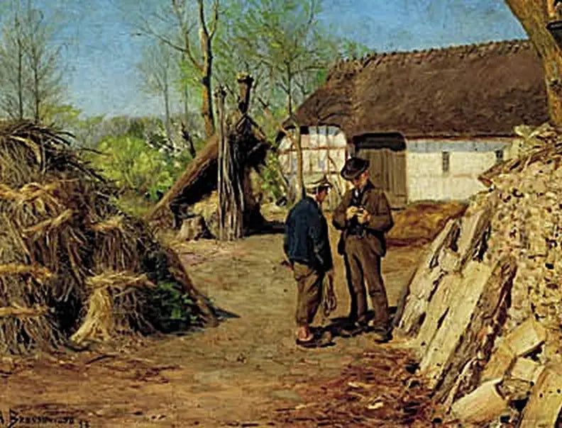 Søn af en ung landmand taler til en ung bonde. - H. A. Brendekilde