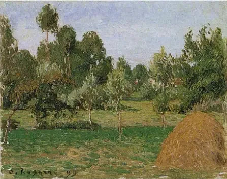 Baggrunden af engen i Eragny, med høstak til højre - Camille Pissarro