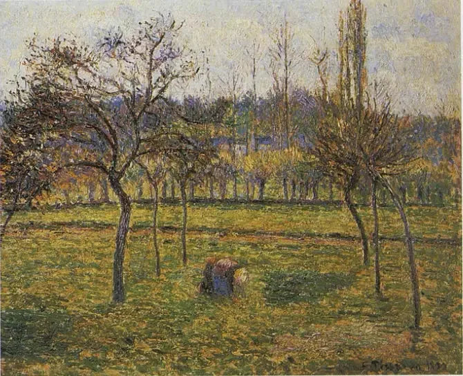 Engen i Éragny med en kvinde, der samler græs - Camille Pissarro