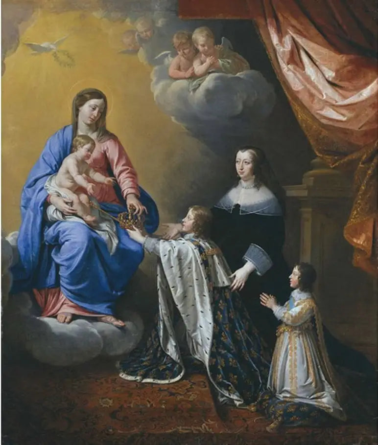 Den unge Louis XIV giver sit krone til Jomfruen og barnet - Philippe de Champaigne