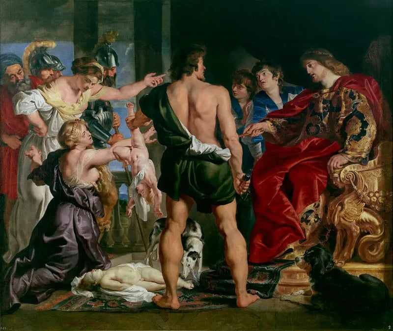 Salomons Dom: Salomon afsiger sin dom; han beordrer en soldat til at dele barnet levende i to; den rigtige mor modsætter sig Salomons dom (1 Kong 3:25-27) - Peter Paul Rubens