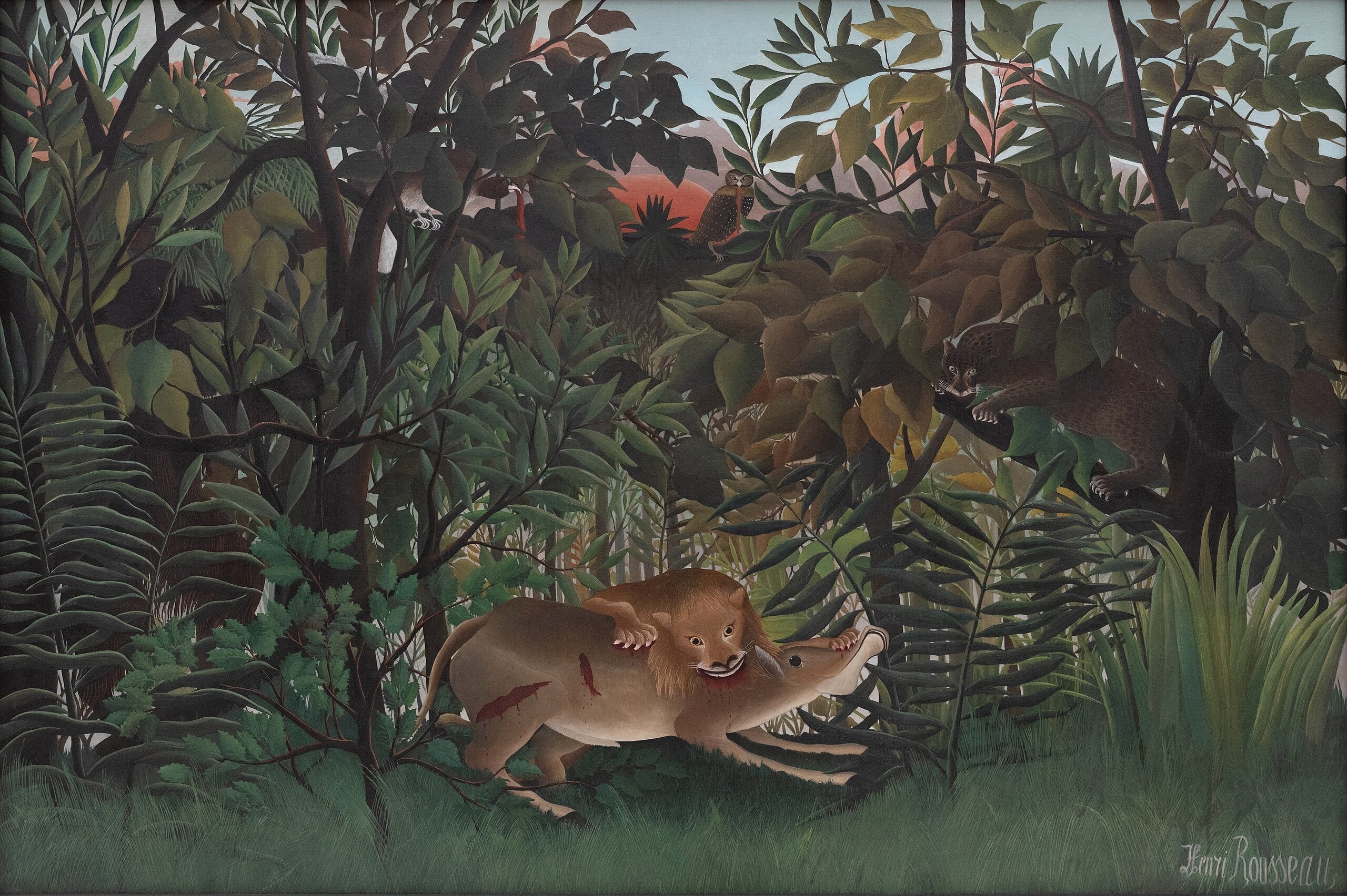 Løven, der er sulten, kaster sig over antilopen - Henri Rousseau