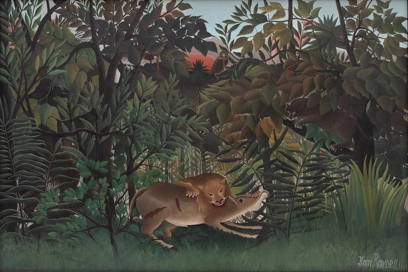 Løven, der er sulten, kaster sig over antilopen - Henri Rousseau