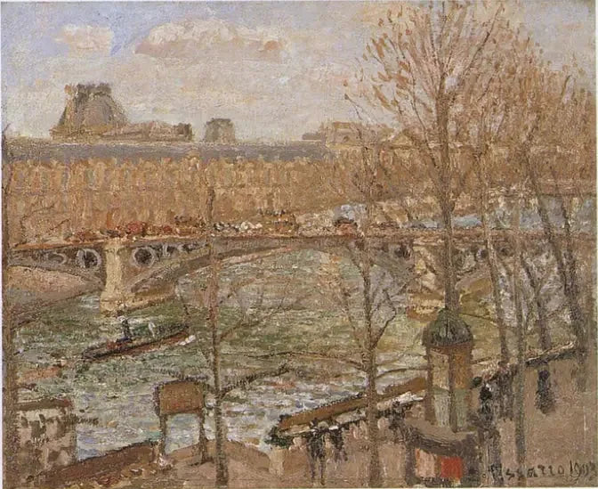 Louvre og Carrouselbroen, sol - Camille Pissarro