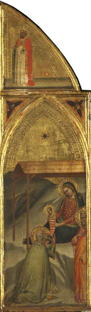 Troldmanden, der tilbeder Jesusbarnet og biskoppen (triptyk, højre panel) (bagside) - Bernardo Daddi