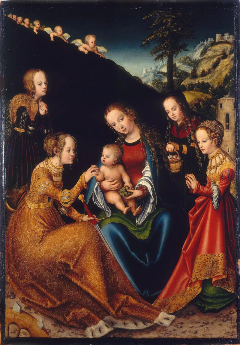 Den mystiske ægteskab af den hellige Katharina af Alexandria med de hellige Dorothea, Margrethe og Barbara - Lucas Cranach den Ældre