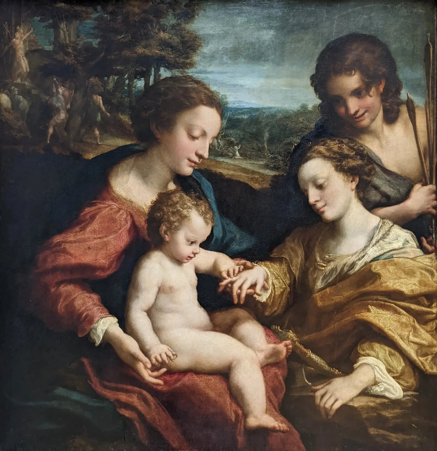 Den mystiske bryllup af helgen Catherine af Alexandria i nærværelse af helgen Sebastian - Antonio da Correggio
