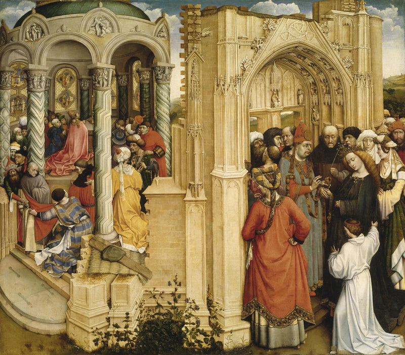 Miraklet af den blomstrende gren (til venstre); Mariagescenen af Maria og Josef (til højre) - Robert Campin