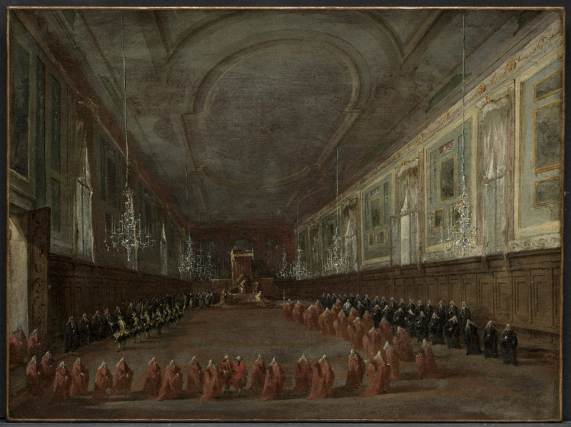 Pave Pius VI aftrædende fra tronen for at tage afsked med dogen i Sankt Johannes og Paulus' sal, 1782 - Francesco Guardi