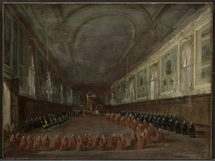 Pave Pius VI aftrædende fra tronen for at tage afsked med dogen i Sankt Johannes og Paulus' sal, 1782 - Francesco Guardi