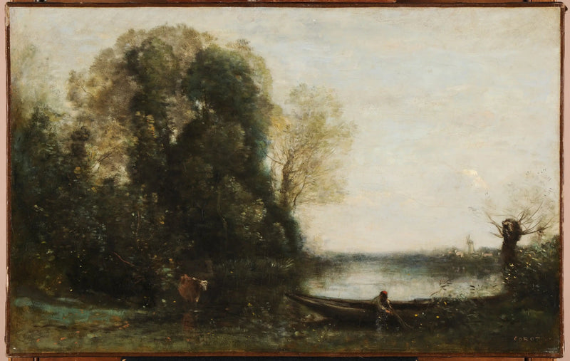 Den fisker i båd ved bredden - Jean-Baptiste Camille Corot