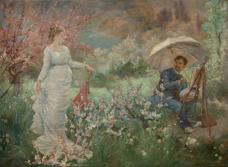 Maleren og hans model i en blomstrende have - Marie Bracquemond