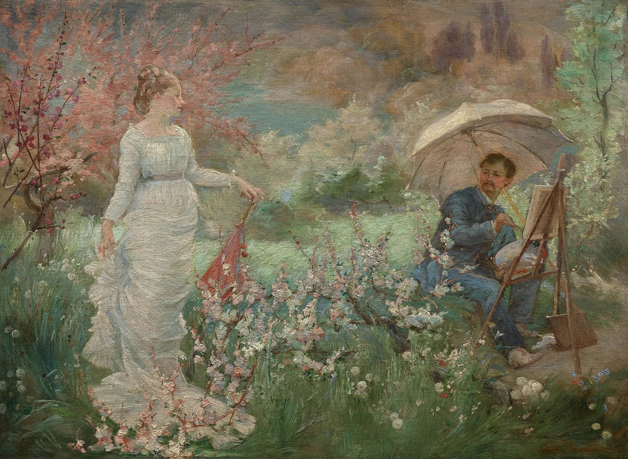 Maleren og hans model i en blomstrende have - Marie Bracquemond