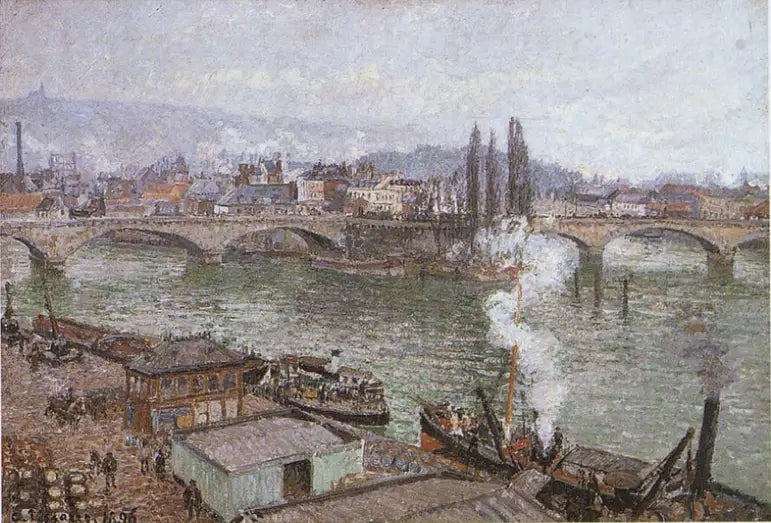 Den stenede bro i Rouen, gråvejr - Camille Pissarro
