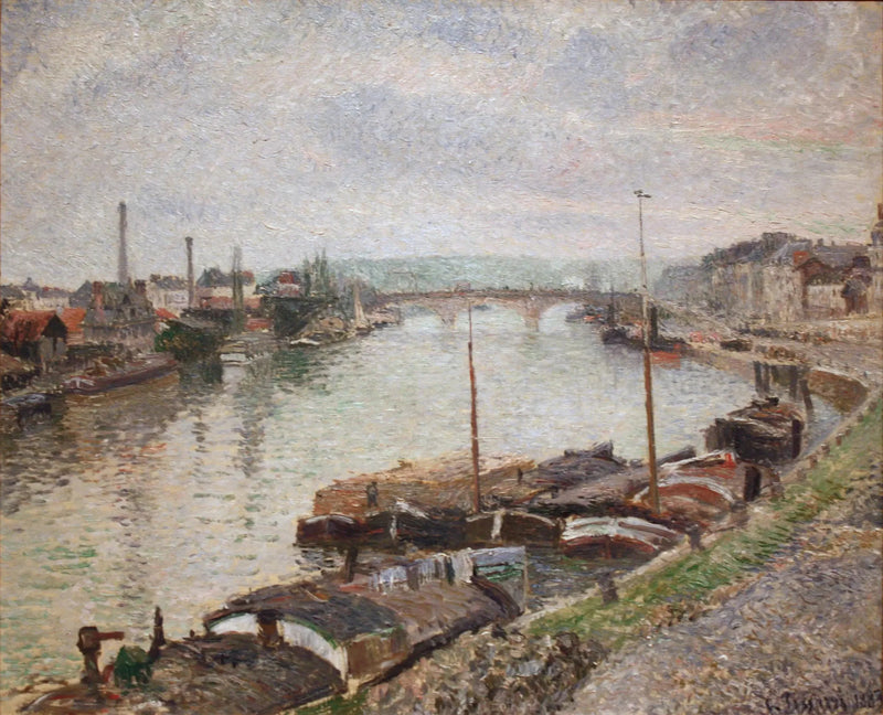 Den stenede bro og prammene i Rouen - Camille Pissarro