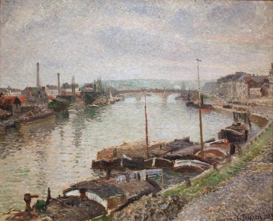 Den stenede bro og prammene i Rouen - Camille Pissarro