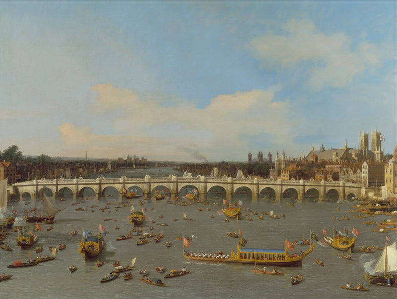 Westminster Broen, med Lord-ordførens procession på Thames - Canaletto
