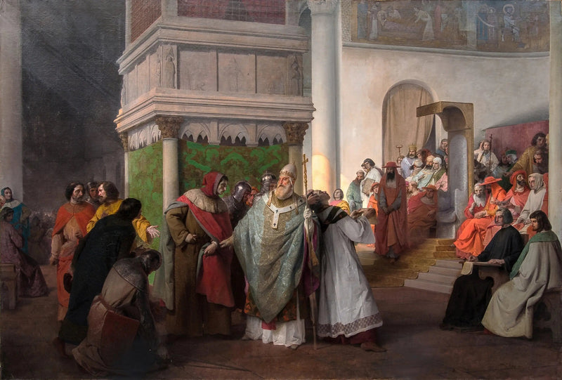 Præsten Orlando de Parme sendt af Arrigo IV af Tyskland og forsvarligt af Gregor VII mod den retfærdige vrede fra det romerske synode - Francesco Hayez