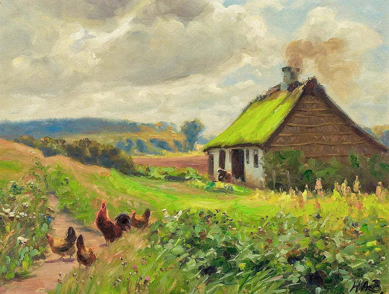 Foråret med et hus, en kvinde og kyllinger. - H. A. Brendekilde