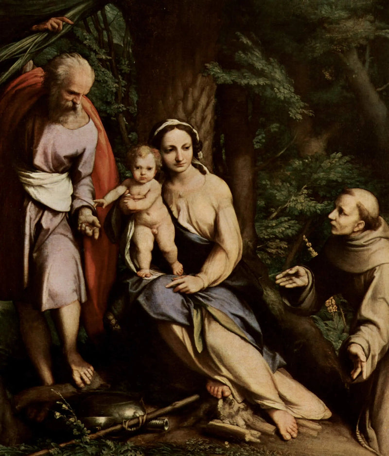 Hvile under flugten til Egypten med Saint François - Antonio da Correggio