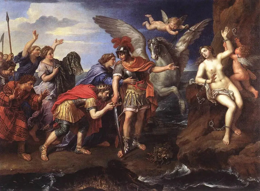 Kong Céfée og Dronning Cassiopeia takker Perseus for at have befriet deres datter Andromeda - Pierre Mignard
