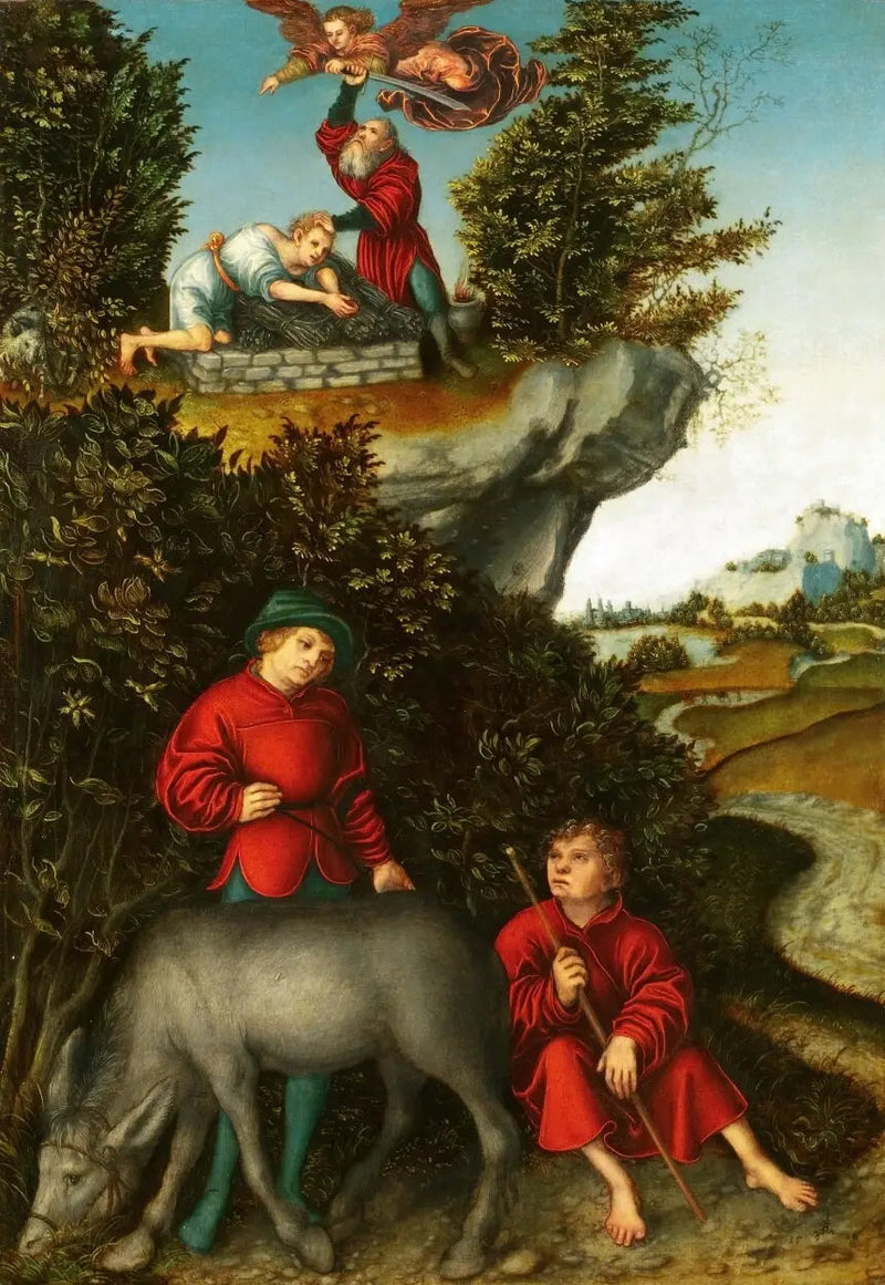 Abraham ofringen: En engel forhindrer Abraham i at ofre Isak; tjenerne venter ved foden af bjerget (Genesis 22:10-12) - Lucas Cranach den Ældre