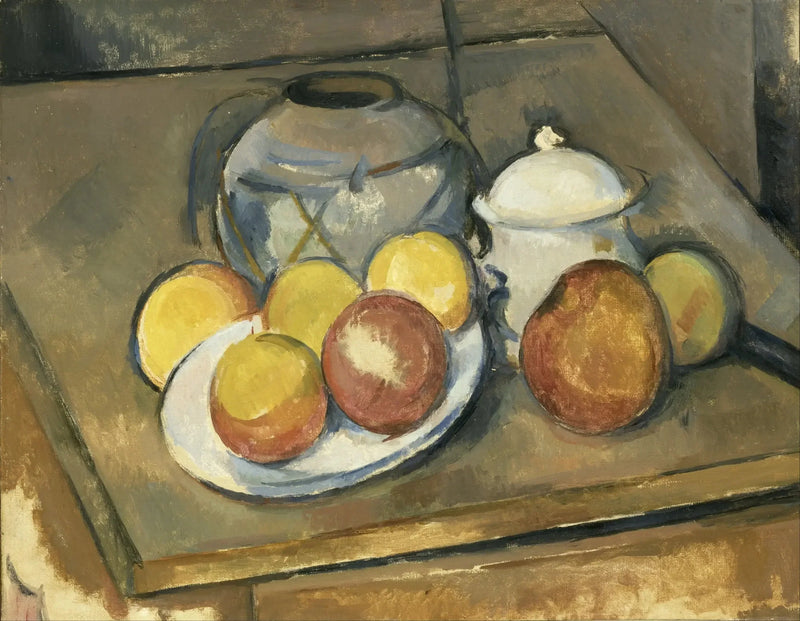 Den stråvase, sukkerskål og æbler - Paul Cézanne