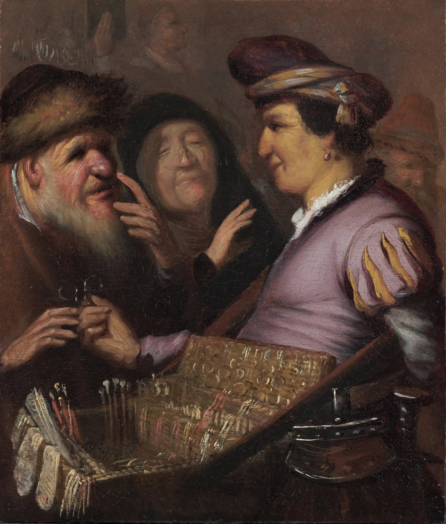 Brillehandleren (En gadesælger, der sælger briller, Udsigt) - Rembrandt