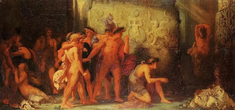 Athenere, der overgives til Minotaurus i Labyrinten på Kreta - Gustave Moreau