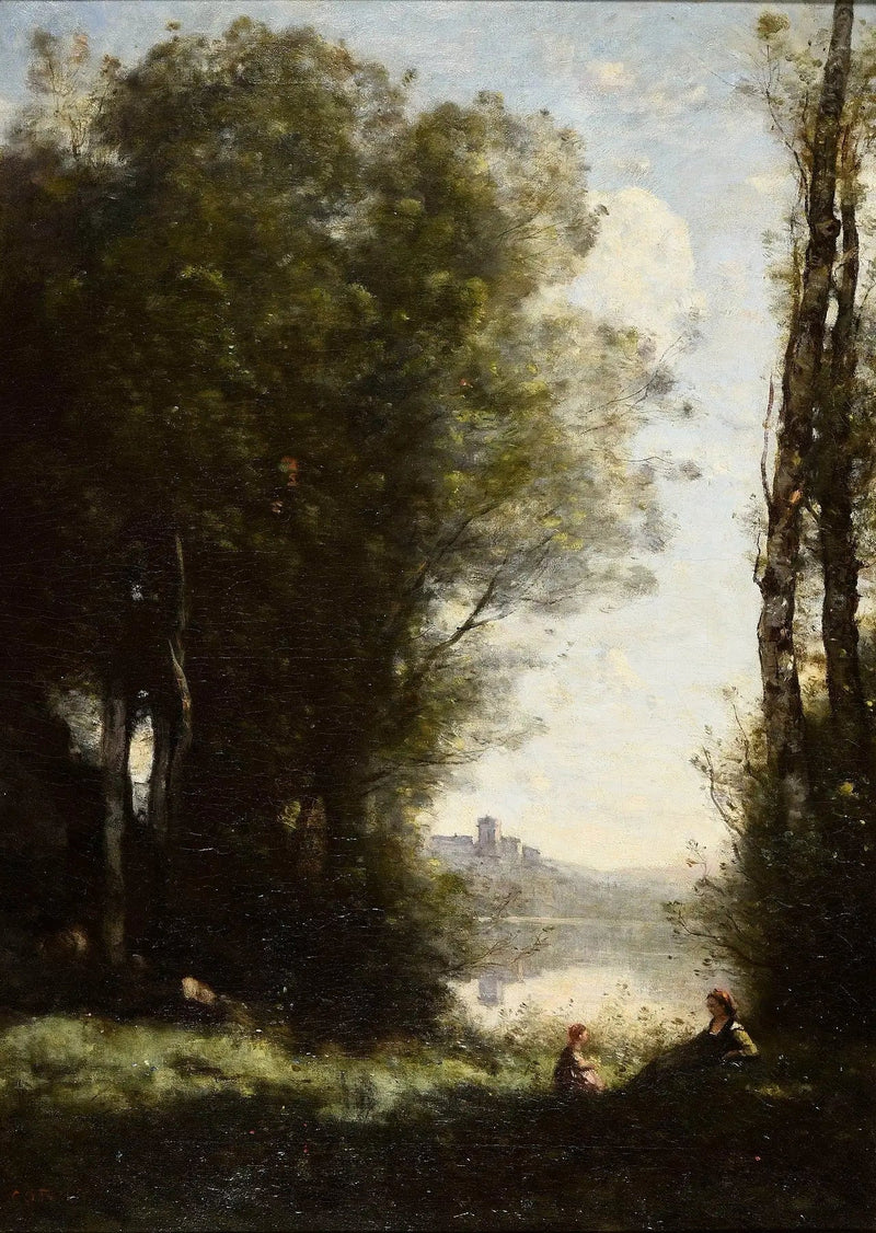 De to søstre under træerne ved søens bred - Jean-Baptiste Camille Corot