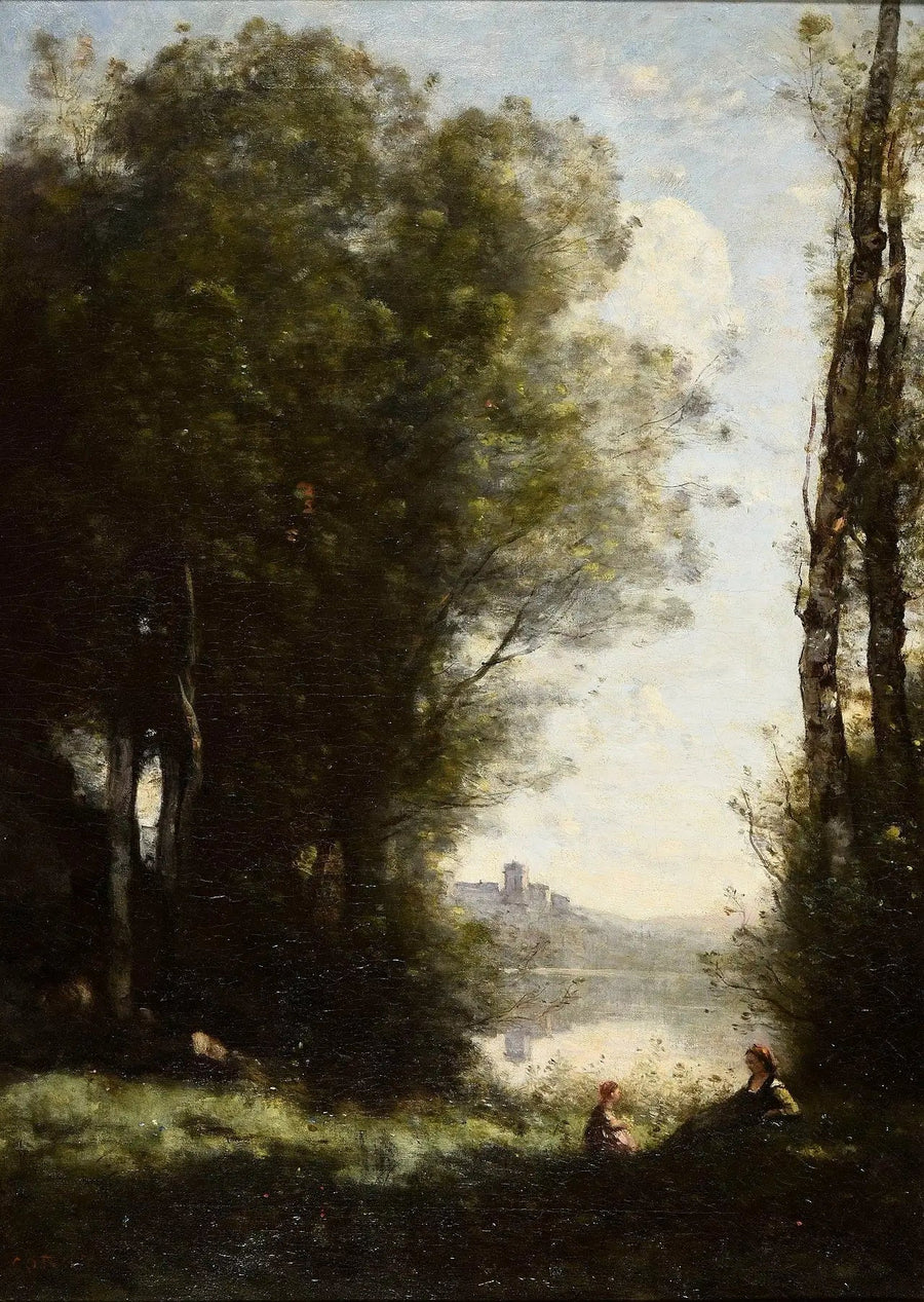 De to søstre under træerne ved søens bred - Jean-Baptiste Camille Corot