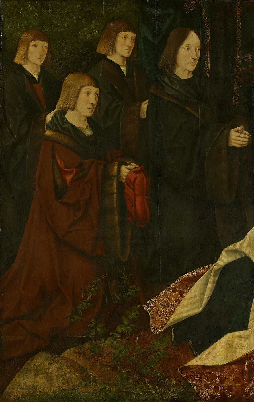 Donorerne Korsgen Elbertzen og hans sønner Dirck og Albert er til venstre, med donorerne til højre. - Jacob Cornelisz van Oostsanen