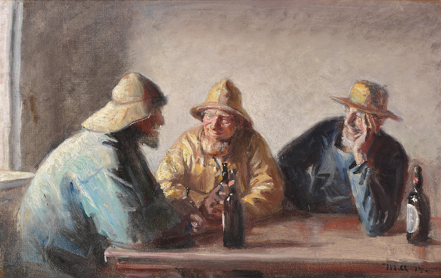 Fiskerne Andreas Carlsen, Ole Malmer og Thomas Peter Larsen nyder en øl efter arbejde. - Michael Peter Ancher
