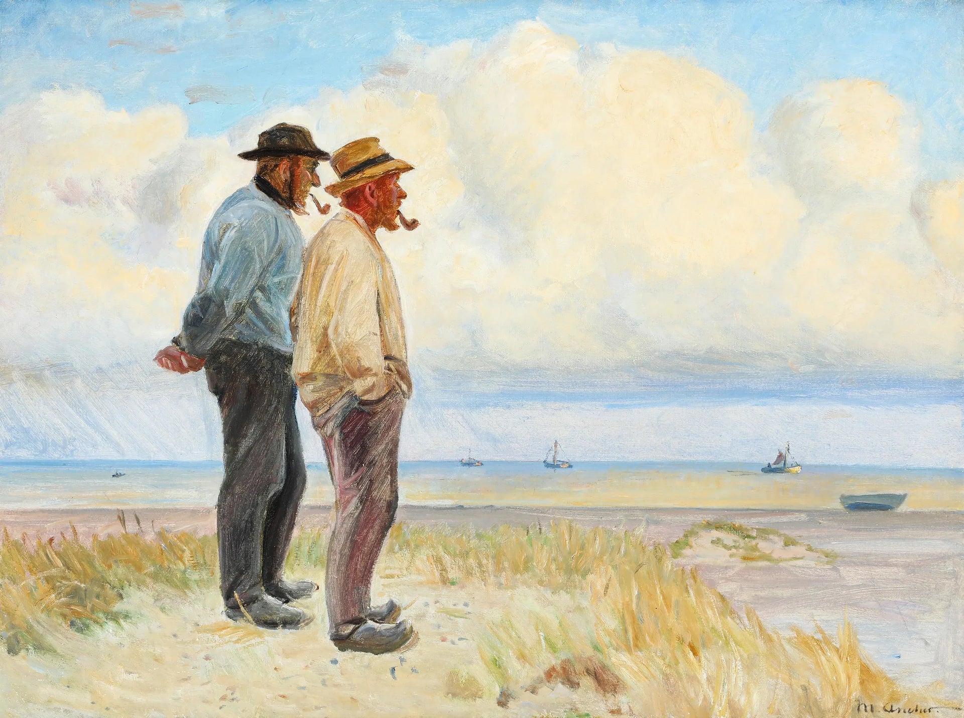 Les pêcheurs de Skagen Rasmus Bergen Sørensen et Bøj Andersen debout sur la plage. - Michael Peter Ancher image 1 copie peinte à la main à l’huile