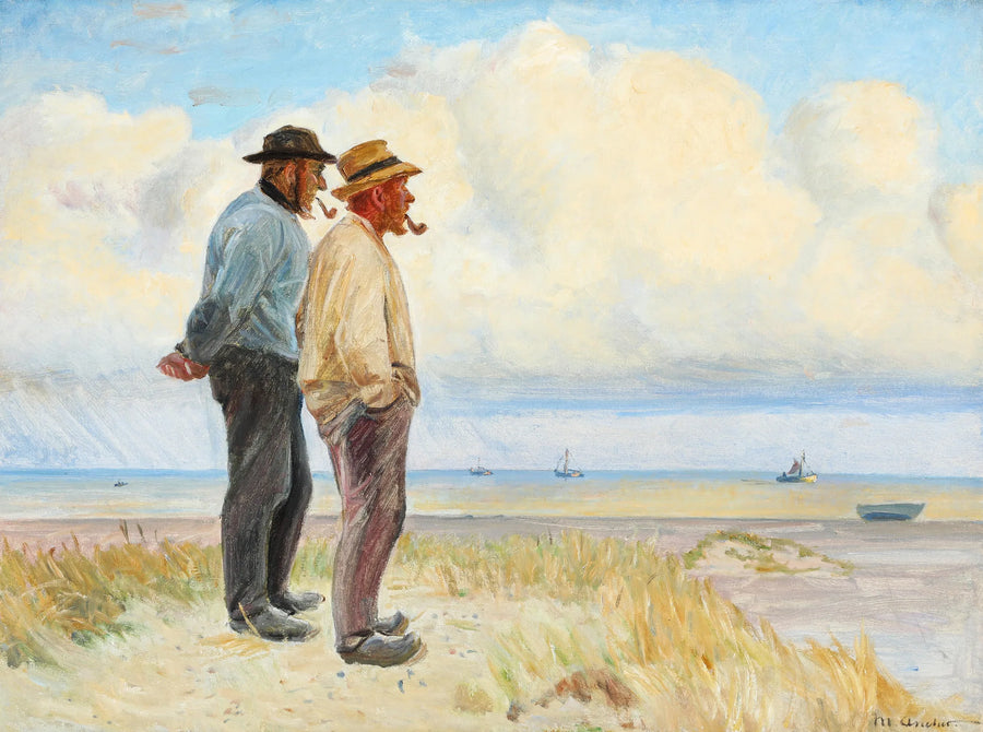 Skagensfiskerne Rasmus Bergen S�rensen og B��j Andersen står på stranden. -Michael Peter Ancher