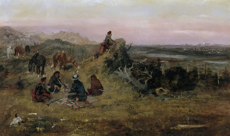 Les Piégans se forbereder på at stjæle ravenes heste - Charles Marion Russell