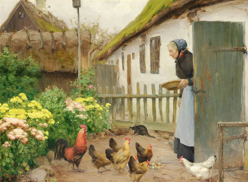 Kyllingerne bliver fodret. - H. A. Brendekilde
